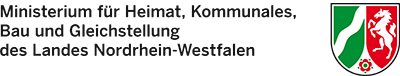 Schriftzug Ministerium für Heimat, Kommunales, Bau und Gleichstellung des Landes Nordrhein-Westfalen sowies das Wappen des Landes