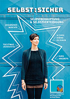 Cover der Broschüre "SELBST:SICHER": Kurzhaarige Frau steht vor einer blauen Wand