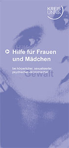 Cover der Broschüre "Hilfe für Frauen und Mädchen": Hellblaues Bild eines Frauengesichts mit weißer Schrift